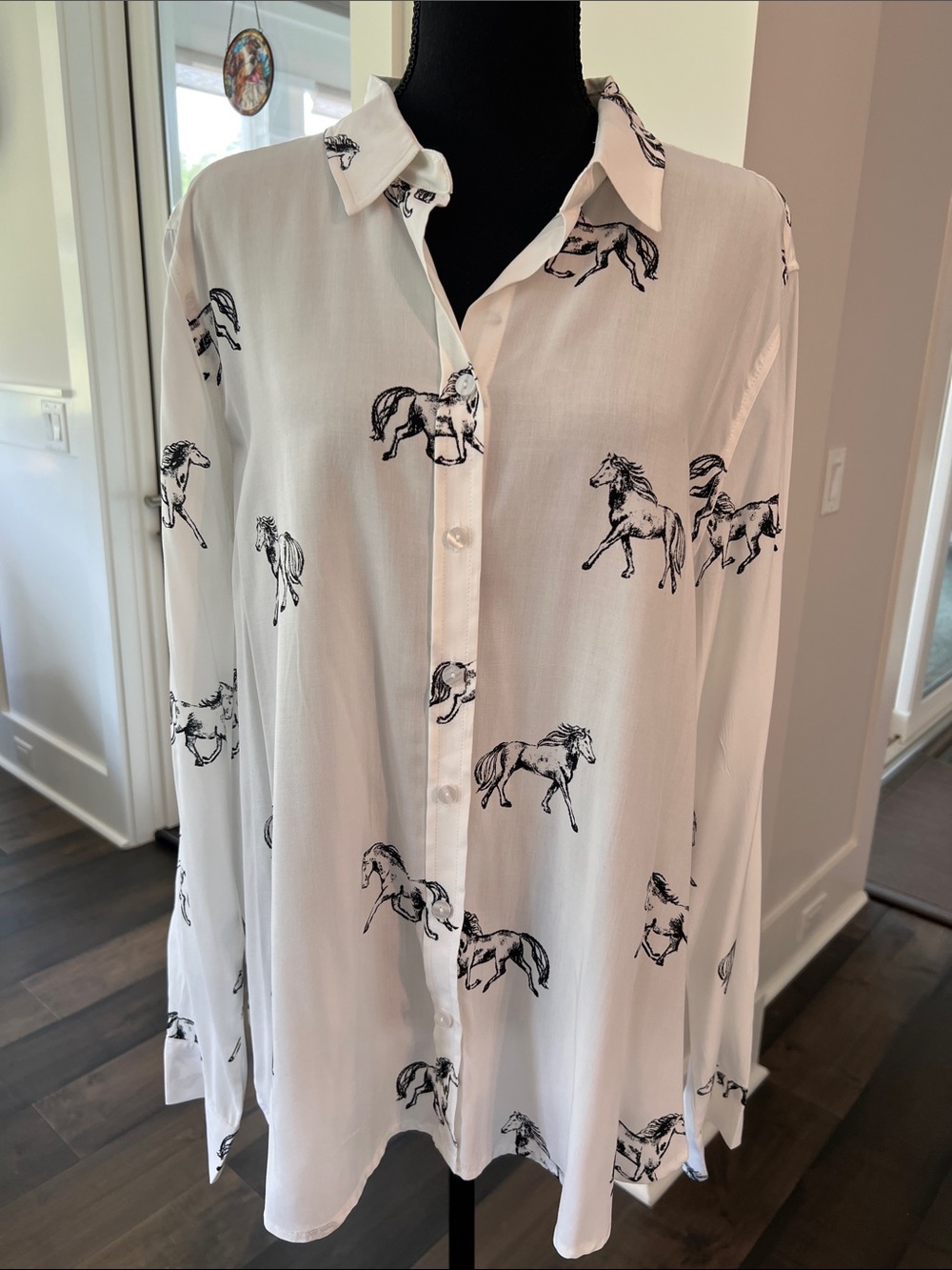 Jane and Delancey White Button-Down Shirt with Black Horse Sketches